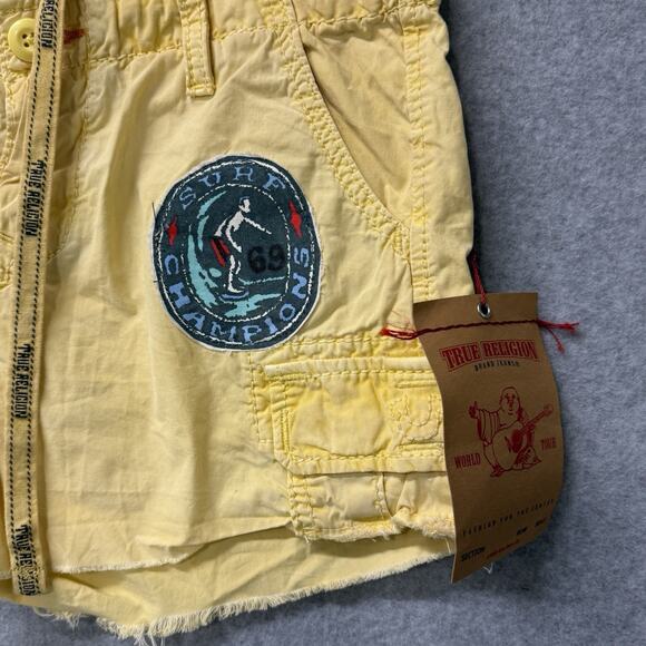 True Religion Leslie Cargo Surf Shorts Surf Champions 69 Patch Yellow Sz 27 NWT - Picture 3 of 14